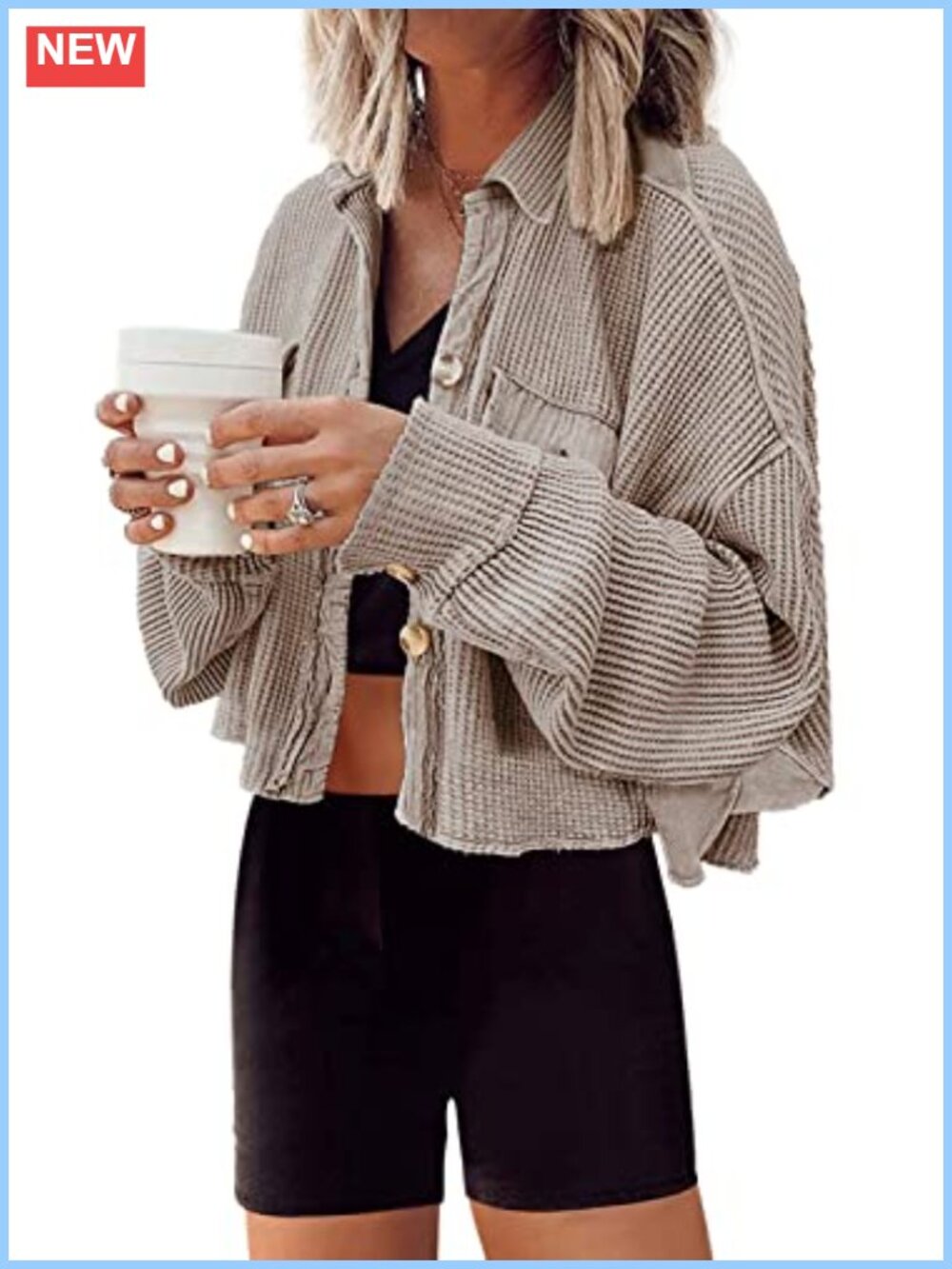 Cropped Waffle Knit Button Down Shacket Dolman Sleeve Oversized Cardigan